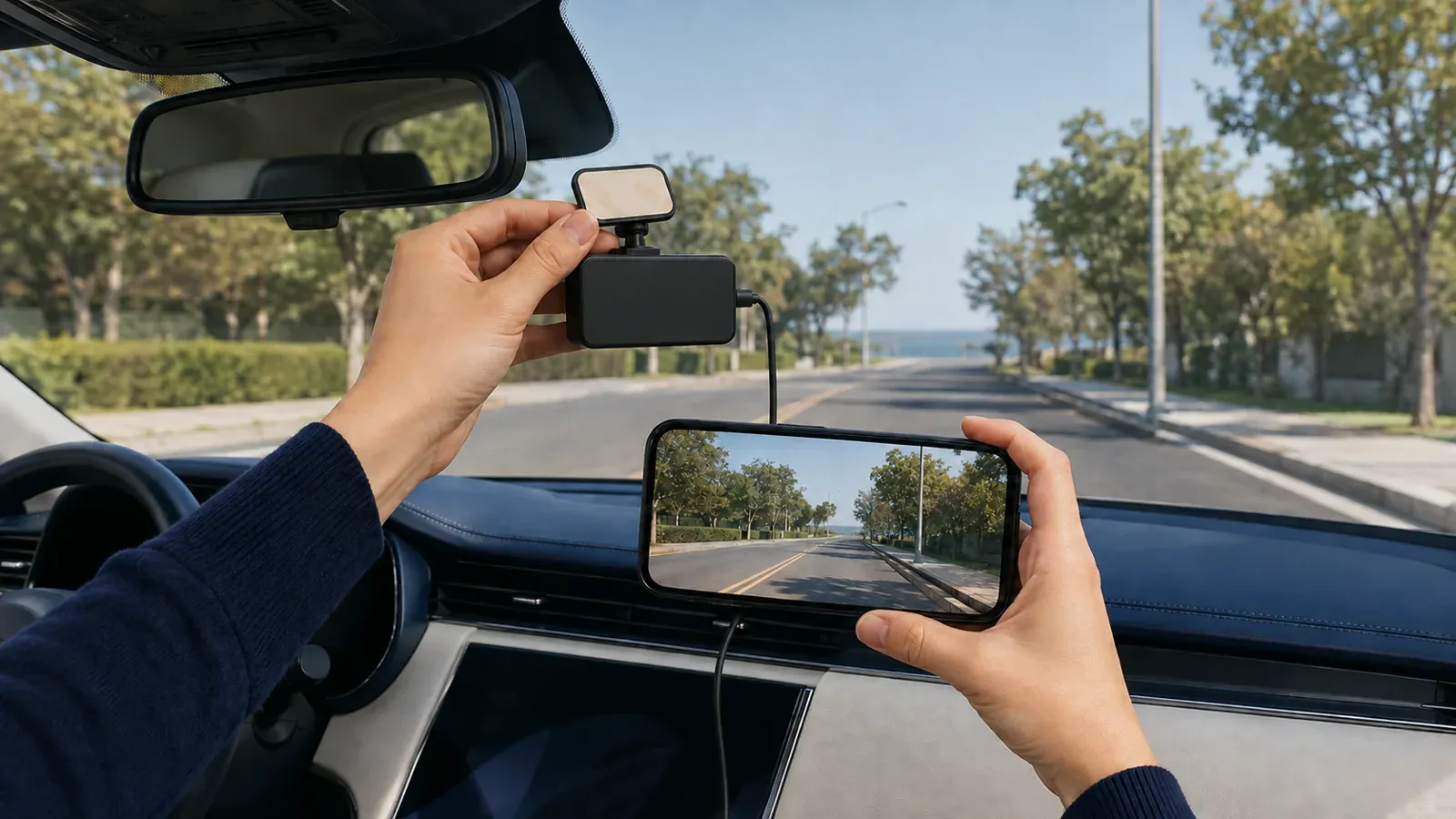 Parked-car placement trial with a camera held beside the mirror and a road preview on a phone