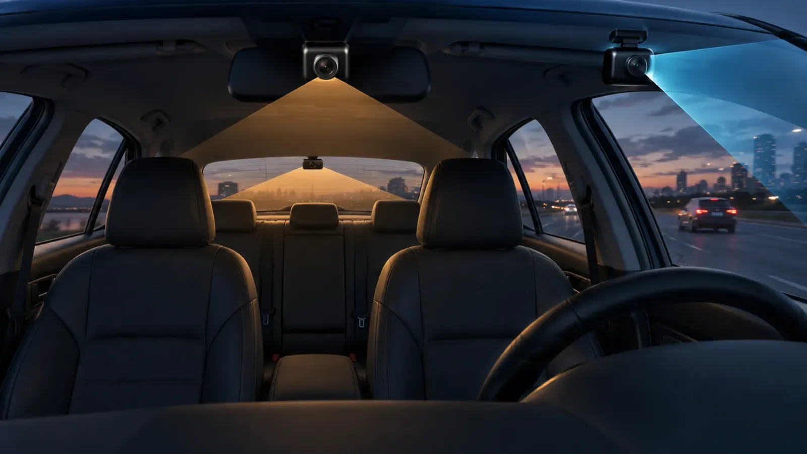 Generic front, cabin, and rear coverage from a three-channel dash camera