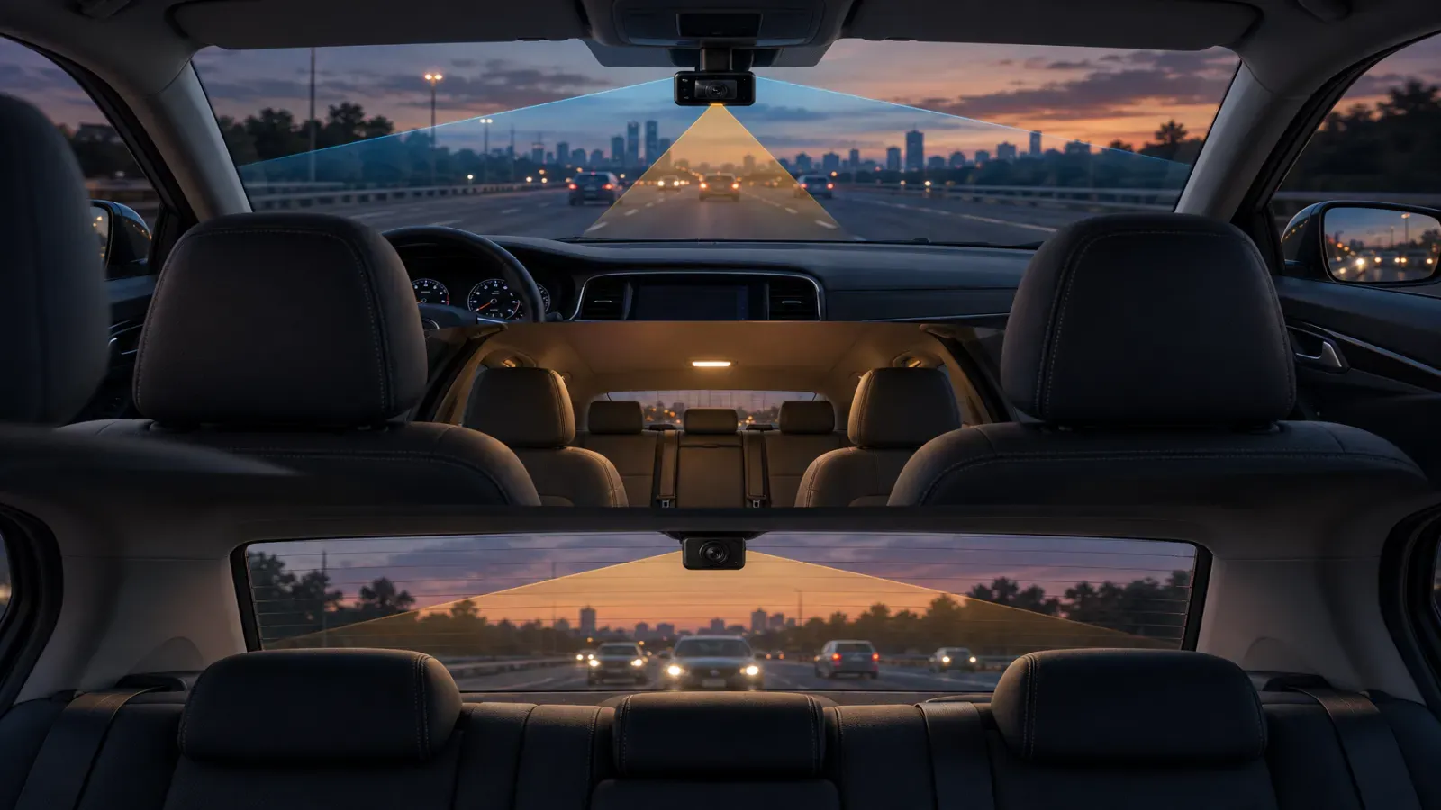 Generic front, cabin, and rear coverage from a three-channel dash camera