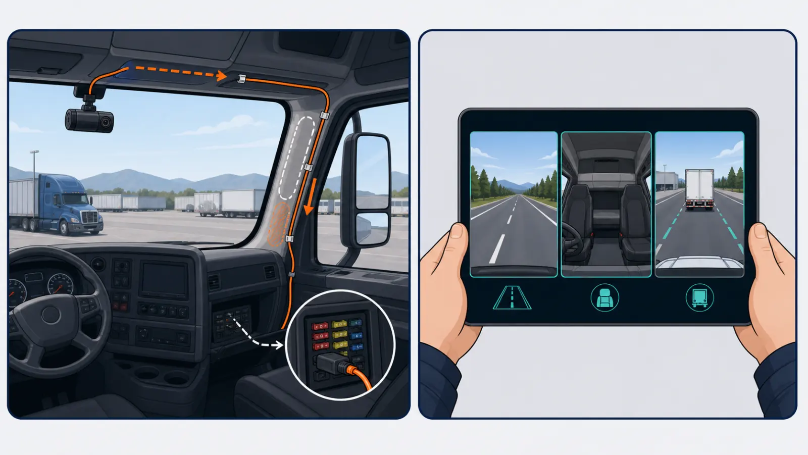 Truck dash cam cable routing and three-camera recording verification