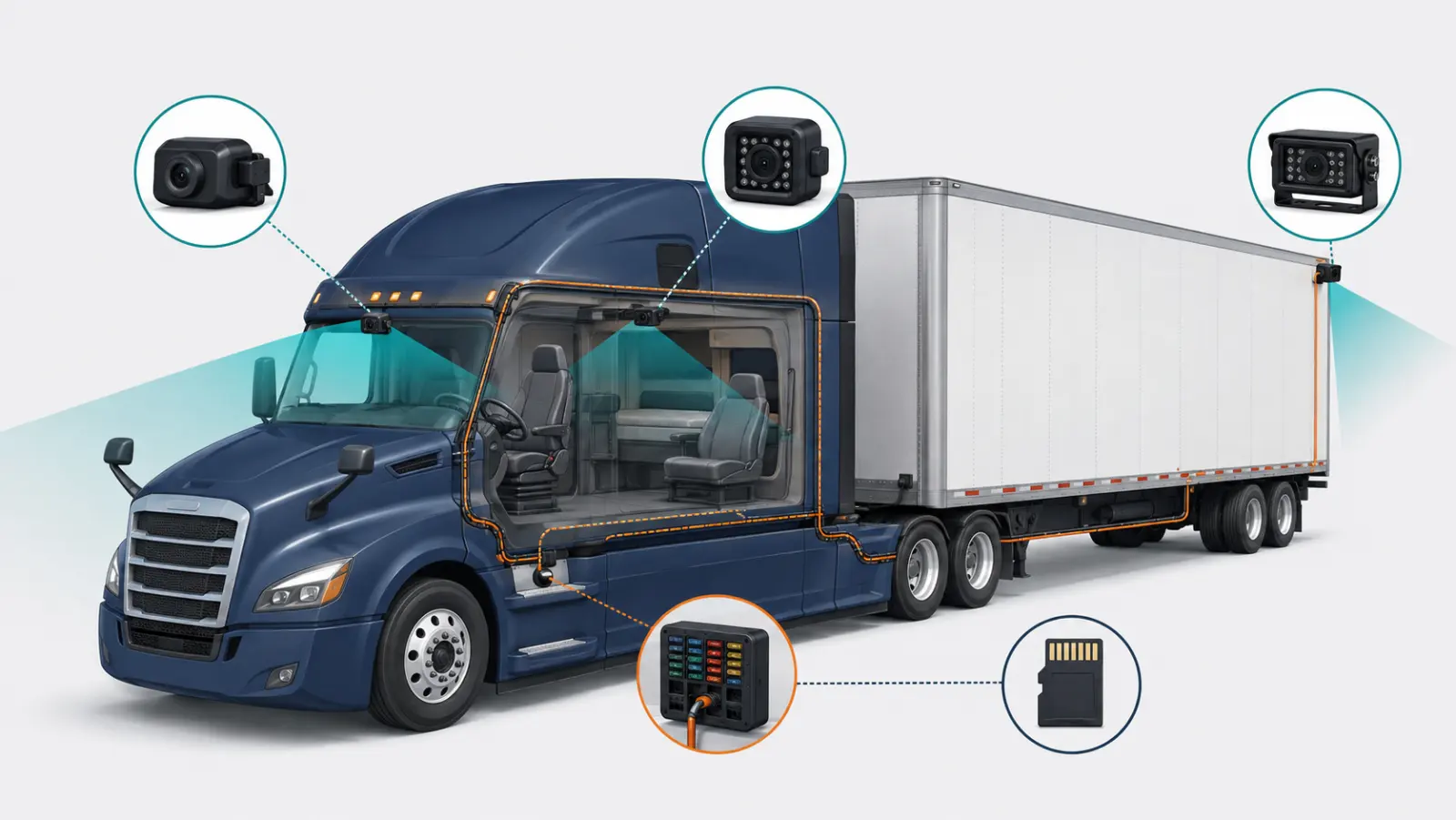 Semi-truck cutaway showing front, cabin, and exterior rear dash cam coverage