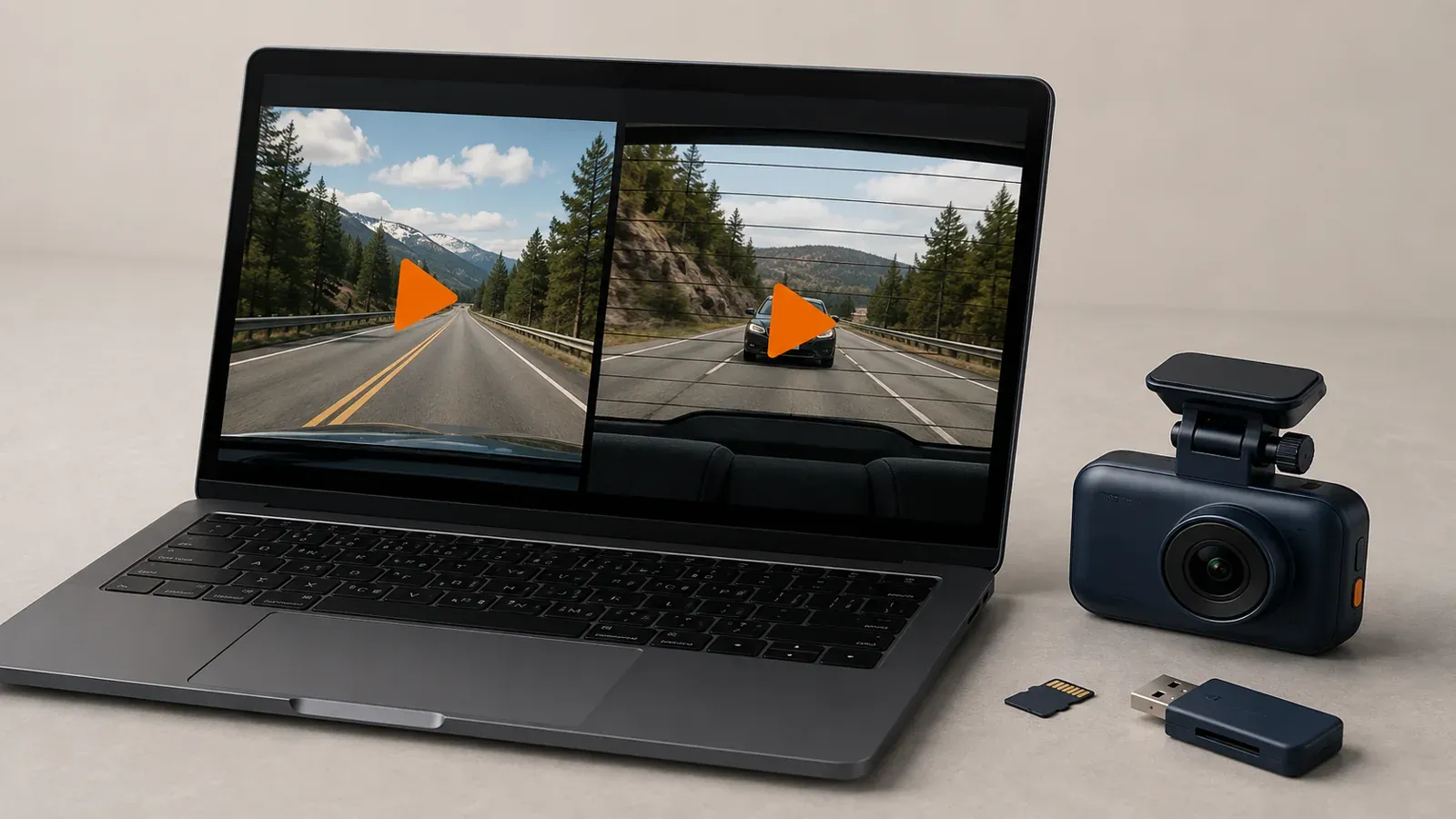 Laptop displaying separate front and rear road recordings beside a dash cam and card reader