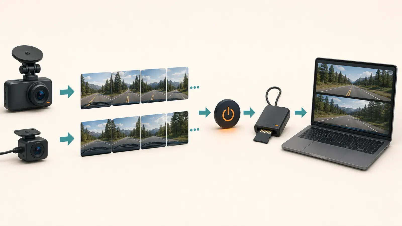 Wordless validation sequence showing several continuous clips, normal shutdown, card transfer, and successful playback from every camera channel
