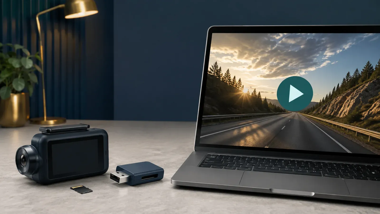Dash cam, microSD card, reader and laptop showing a road recording