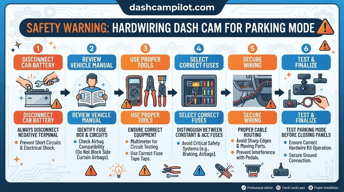 how to hardwire dash cam for parking mode safety warning infographic