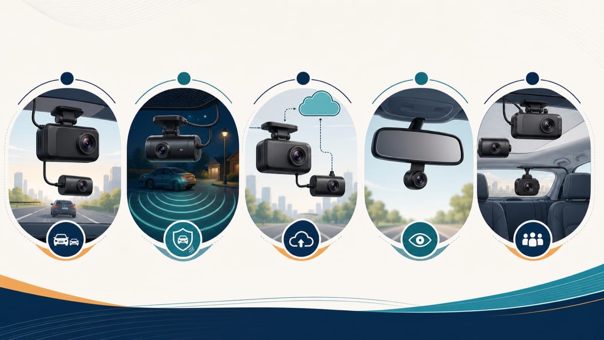 Five dash cam styles arranged for daily driving, parking, cloud, compact, and rideshare needs
