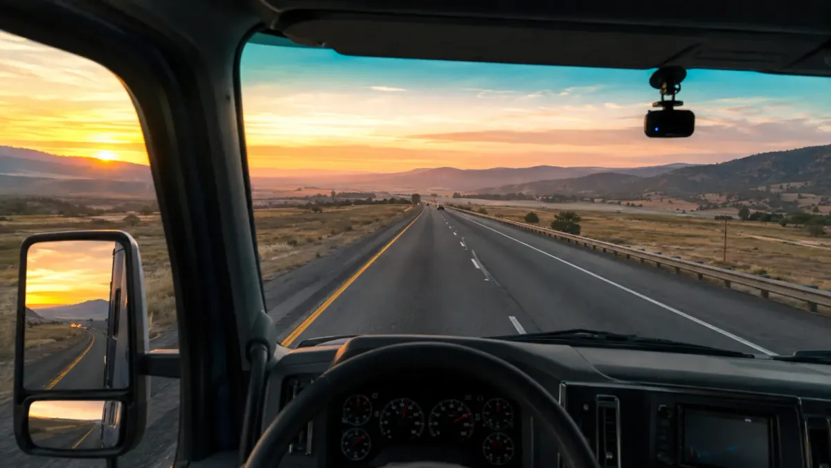 Semi-truck cab with a wordless dash cam monitoring the highway ahead
