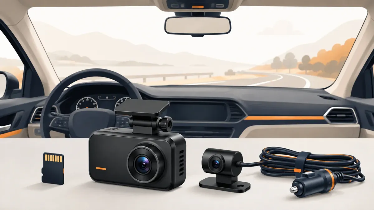 Dash cam, rear camera, memory card and power accessories arranged beside a car windshield