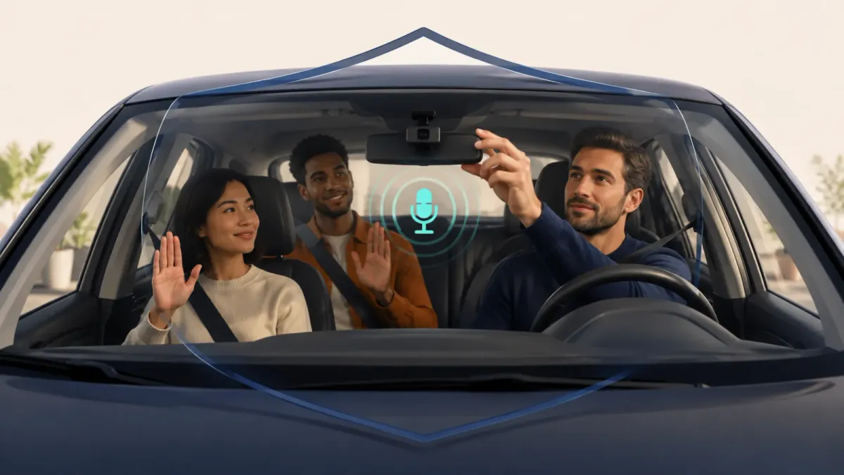 Driver checking a dash cam microphone while passengers receive a clear recording notice