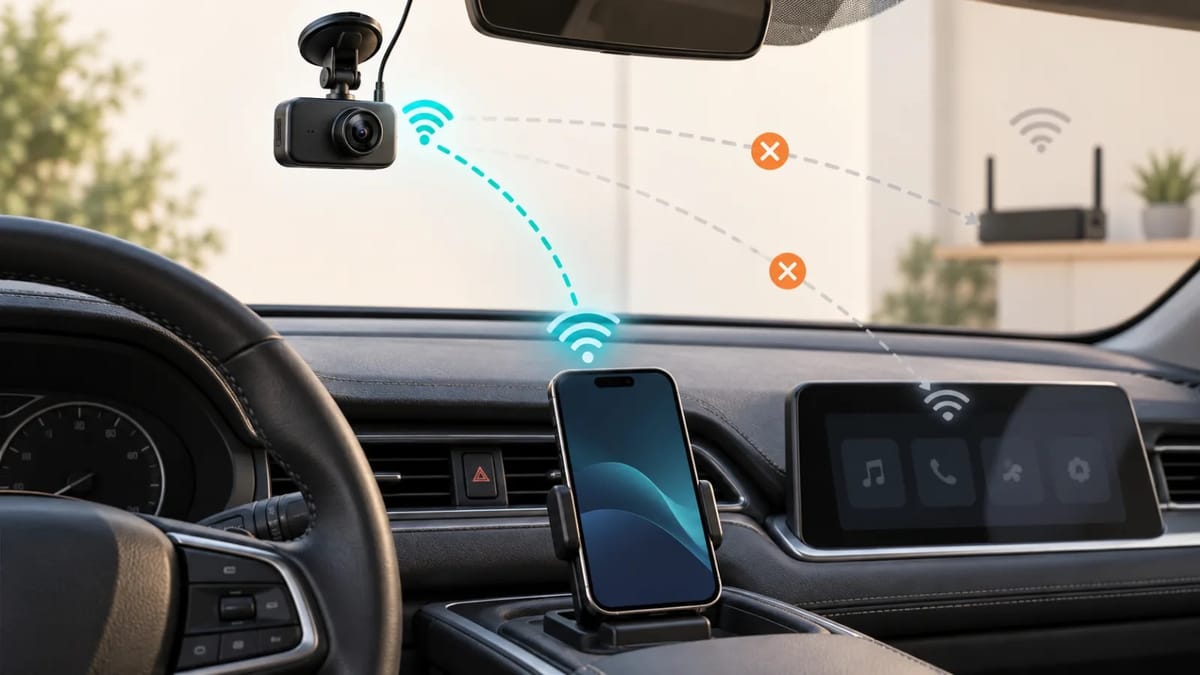 Phone troubleshooting a local Wi-Fi connection to a windshield dash cam while the vehicle is parked