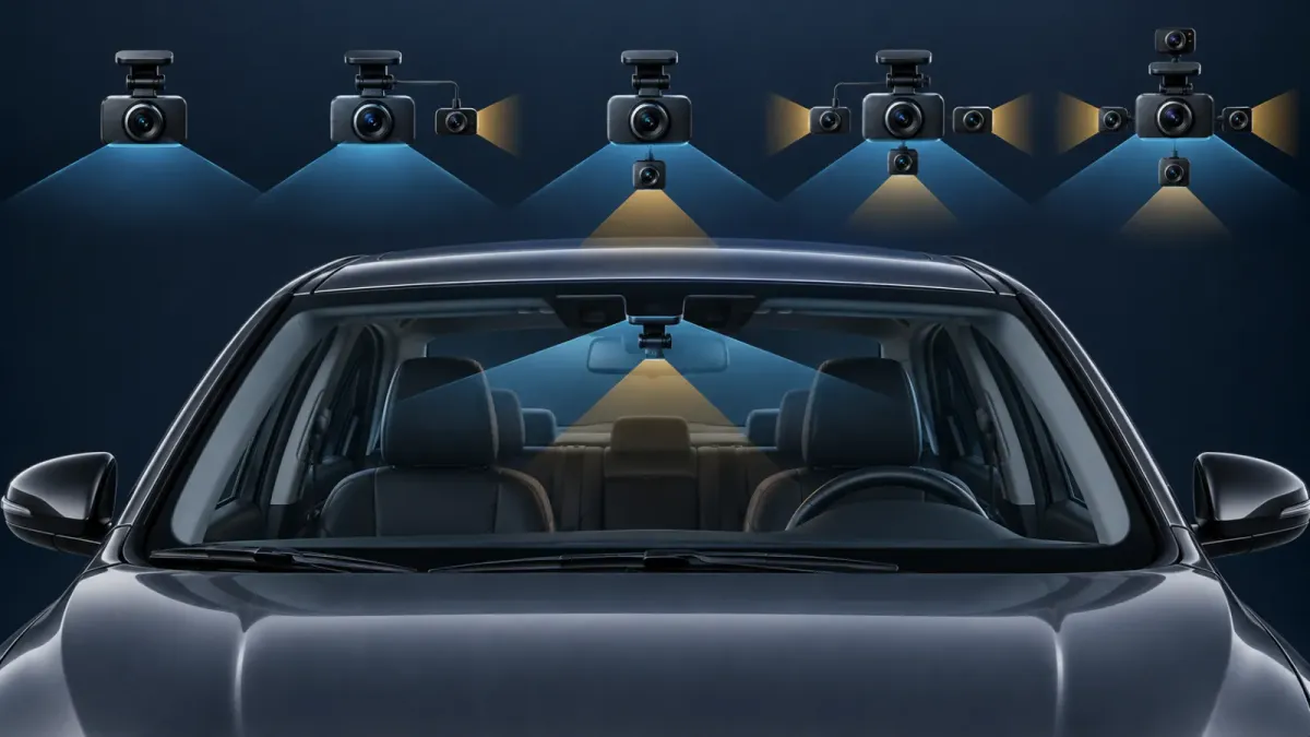 Generic dash camera coverage options for front, rear, cabin, and multi-camera recording.