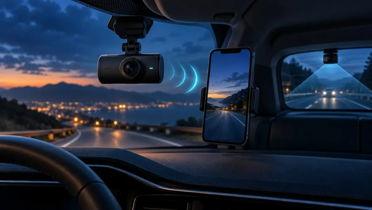 Generic windshield-mounted dash camera beside a phone with rear-view coverage visualized.