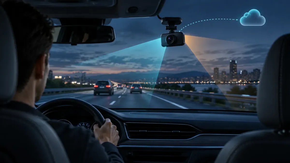 Wordless illustration of a windshield dash camera viewing the road with an optional remote connection.
