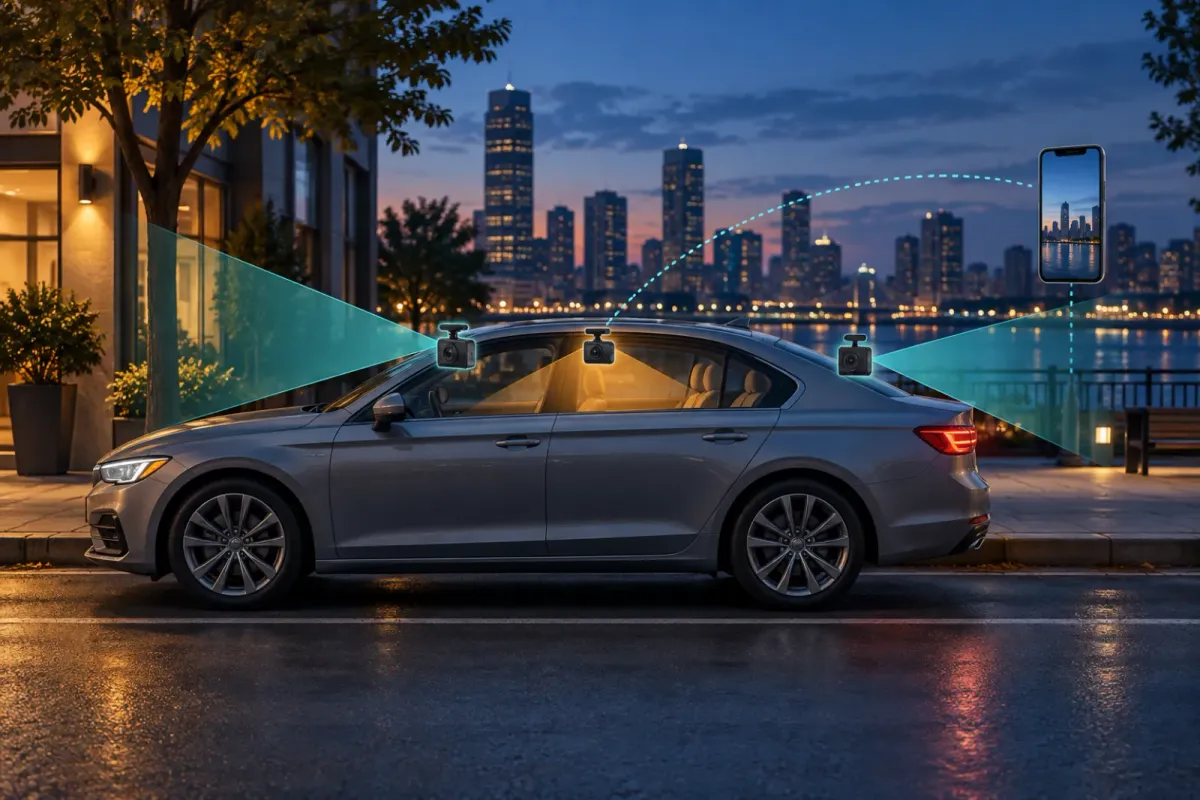 Wordless illustration of a parked sedan with front, rear, and cabin camera coverage paths.