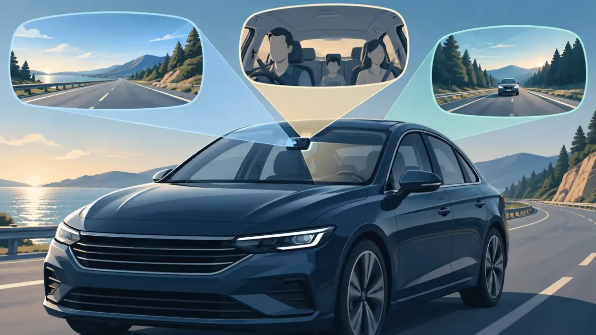 Wordless illustration of a car and optional front, rear, and cabin dash camera coverage views.