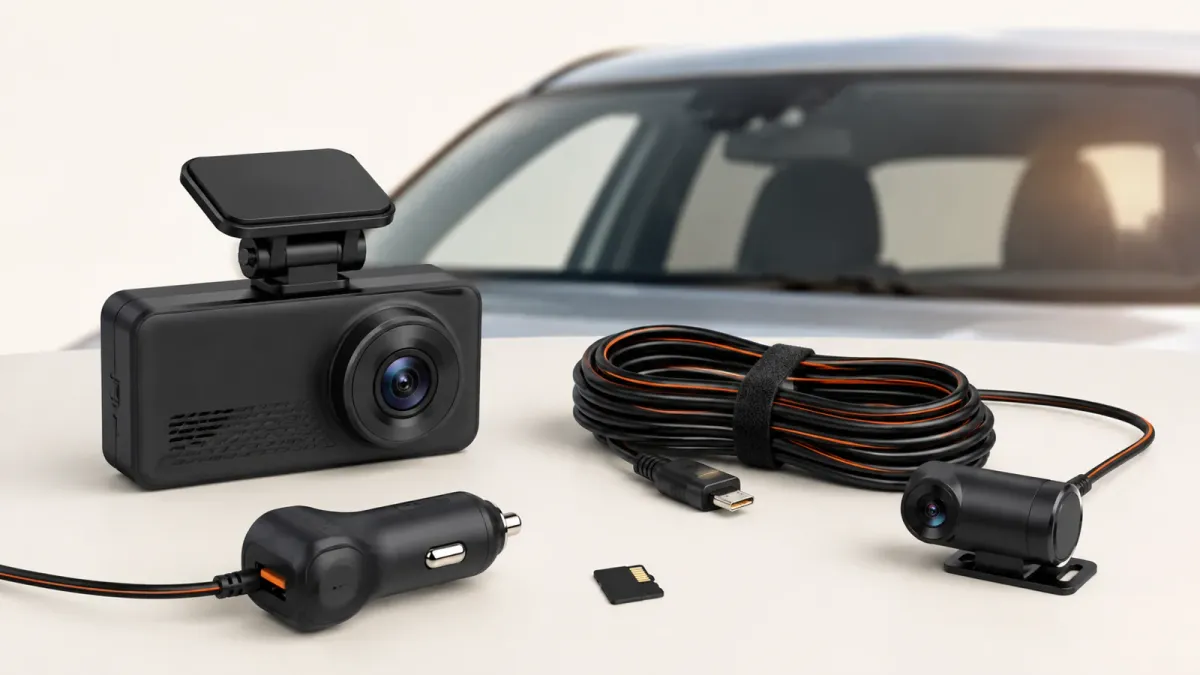 Conceptual illustration of front and rear dash cameras with cable, power adapter and memory card