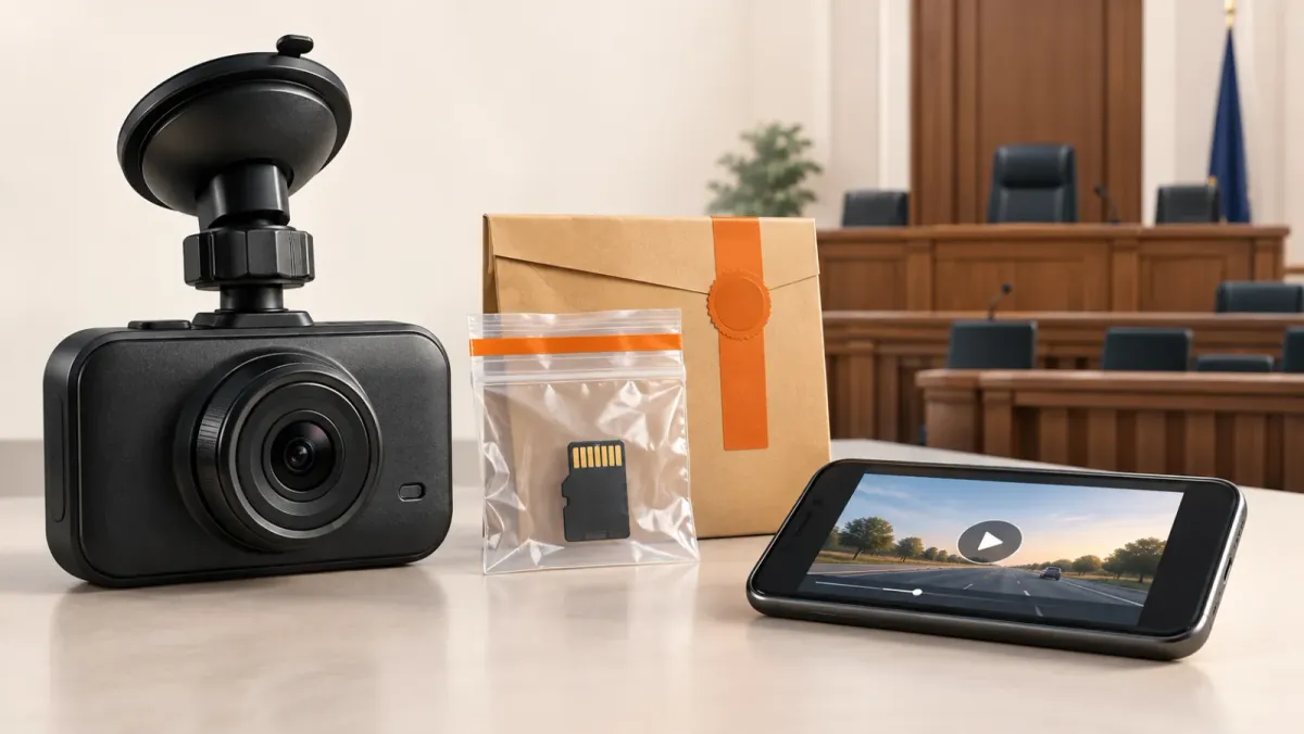 Dash camera recording preserved beside a phone and evidence folder for court review