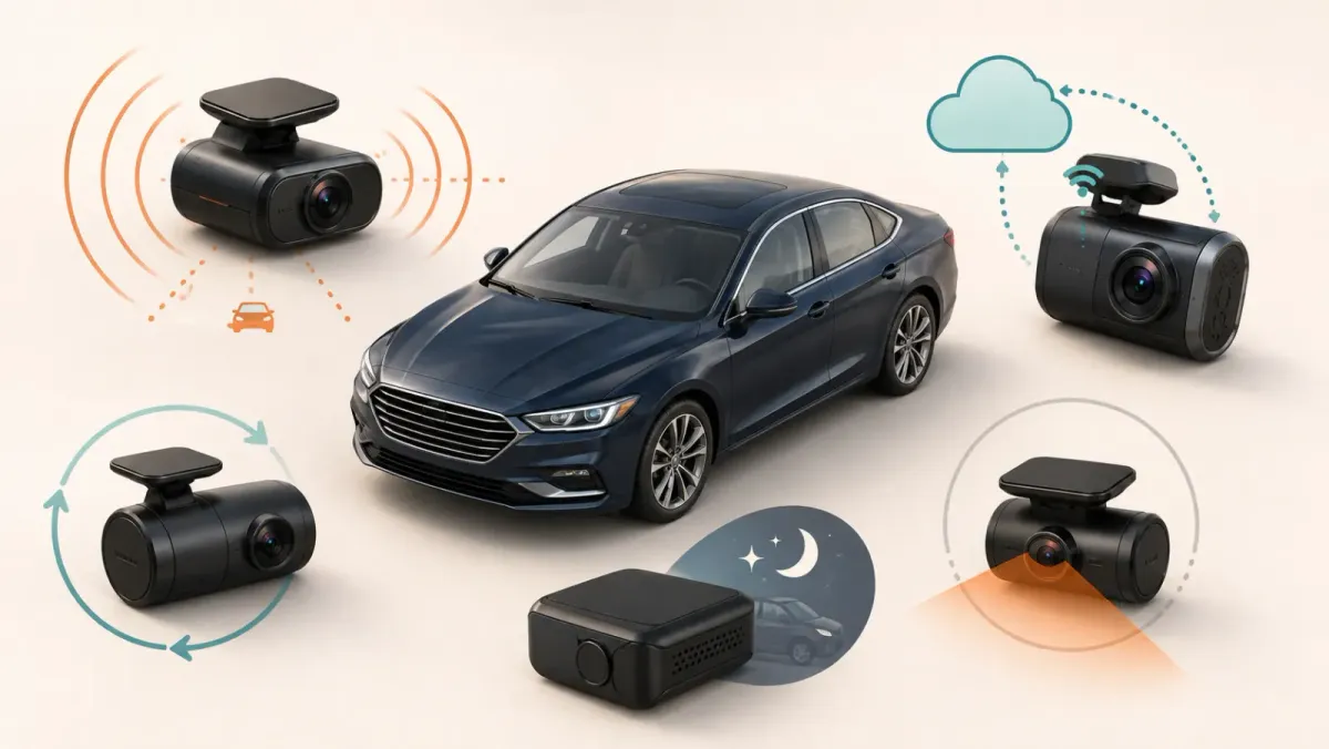 Five generic parking-focused dash cameras surround a parked sedan