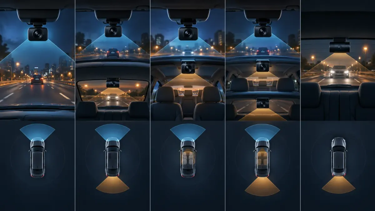 Generic dash camera coverage layouts for front, rear, cabin, and three-channel recording.
