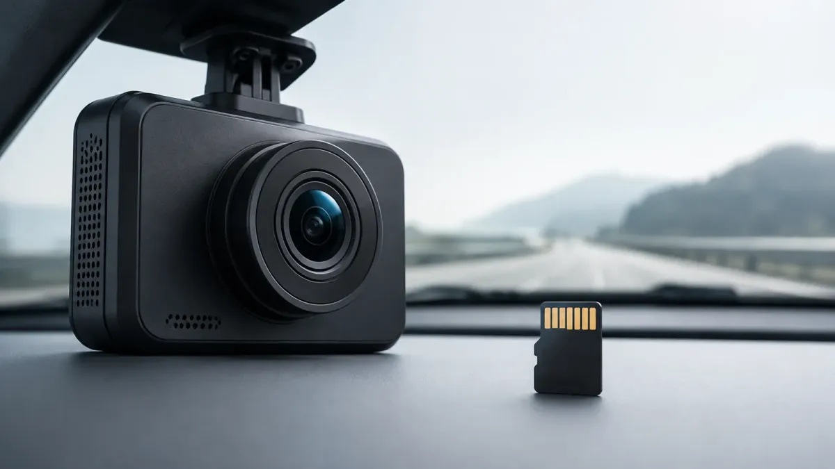 Conceptual illustration of a dash cam beside a removable microSD memory card