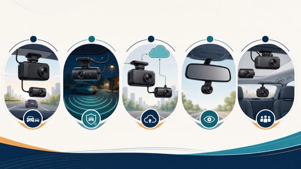 Five dash cam styles arranged for daily driving, parking, cloud, compact, and rideshare needs