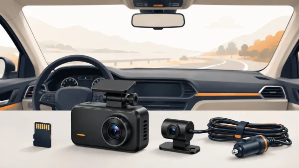 Dash cam, rear camera, memory card and power accessories arranged beside a car windshield
