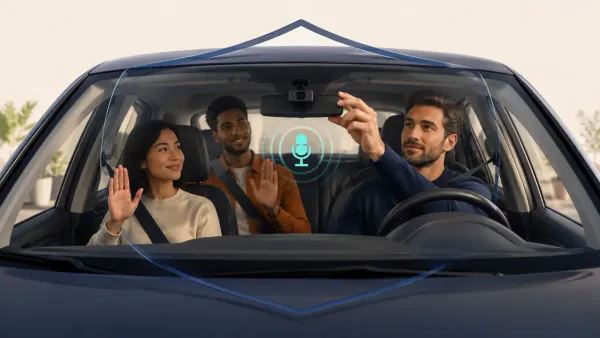 Driver checking a dash cam microphone while passengers receive a clear recording notice