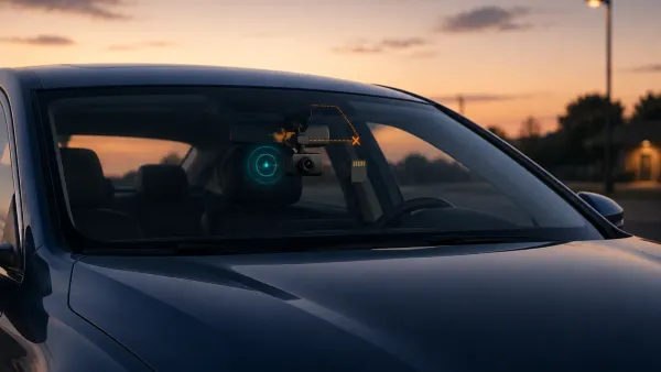 Parked car with dash cam, interrupted power path, standby pulse, and memory card symbol