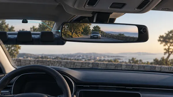 Digital rearview mirror showing traffic behind a parked sedan, with front and rear camera locations indicated.