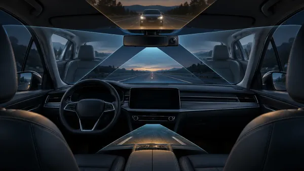 A generic mirror dash camera with front, rear, cabin, and bumper-view options.