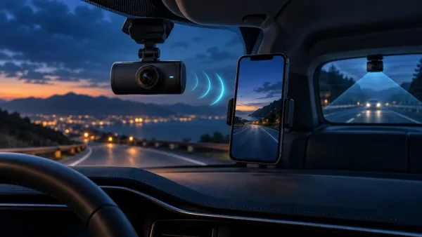 Generic windshield-mounted dash camera beside a phone with rear-view coverage visualized.