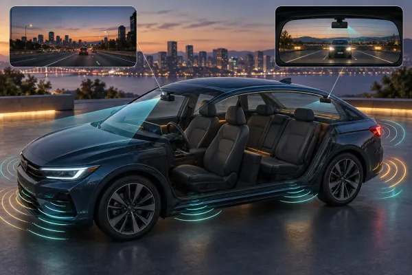 Illustration of front and rear dash camera coverage around a parked sedan at dusk.
