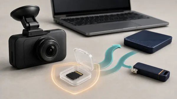 Dash cam, memory card, and laptop arranged for careful crash-footage preservation