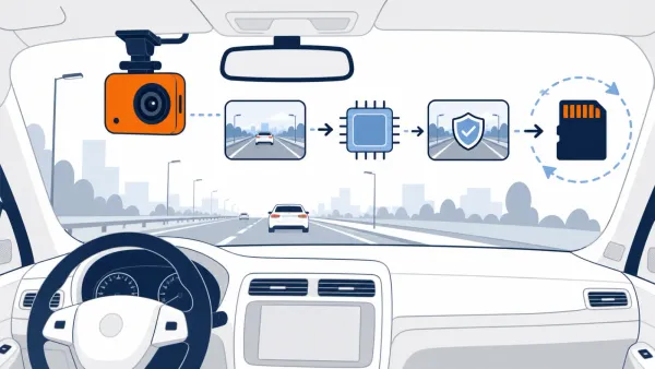 Dash cam recording a road view and sending video through processing into protected memory-card storage