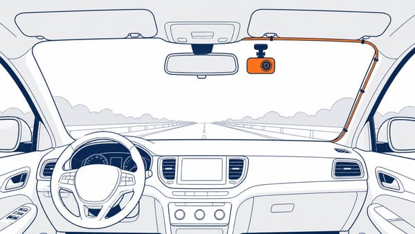 Dash cam mounted near the mirror with its cable routed into the headliner