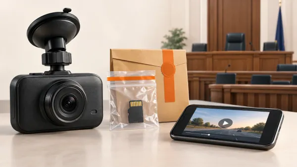 Dash camera recording preserved beside a phone and evidence folder for court review