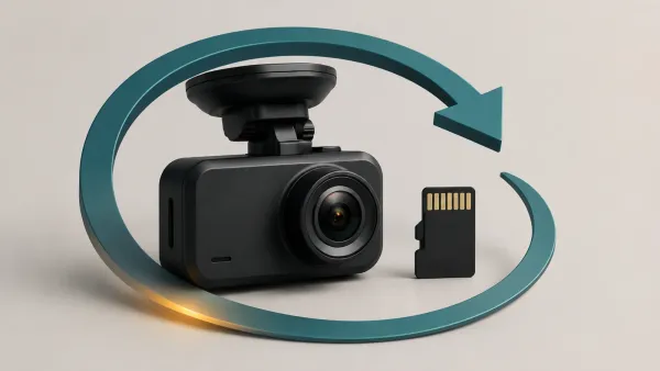Conceptual illustration of a dash camera and memory card surrounded by a teal recording loop