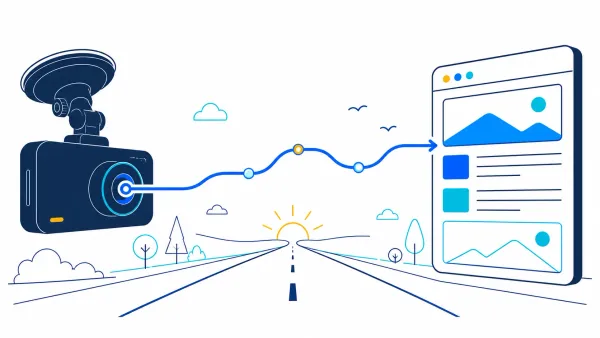 A dash camera route leading toward a clean publishing page, representing DashCamPilot’s next chapter