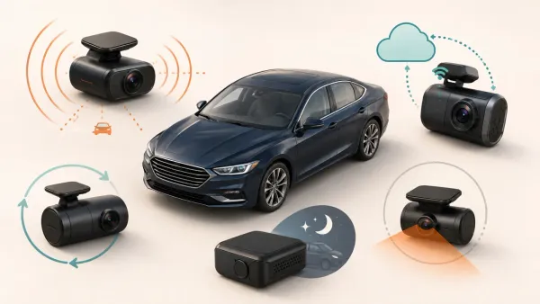 Five generic parking-focused dash cameras surround a parked sedan