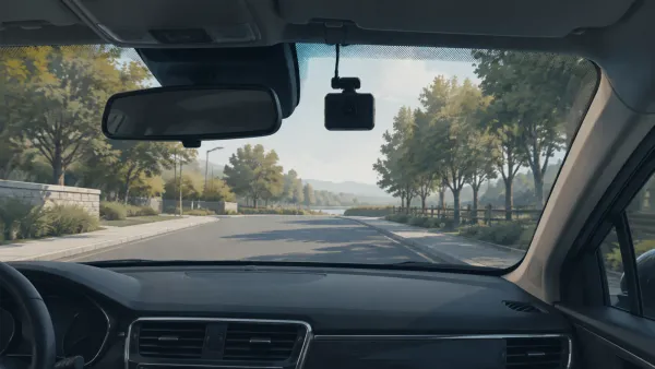 Conceptual illustration of a dash camera mounted beside the rearview mirror with a clear road view