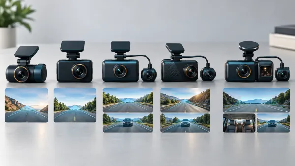 Five generic dash cam arrangements representing the current ROVE model lineup by recording coverage.
