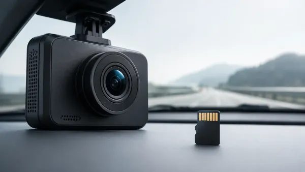 Conceptual illustration of a dash cam beside a removable microSD memory card